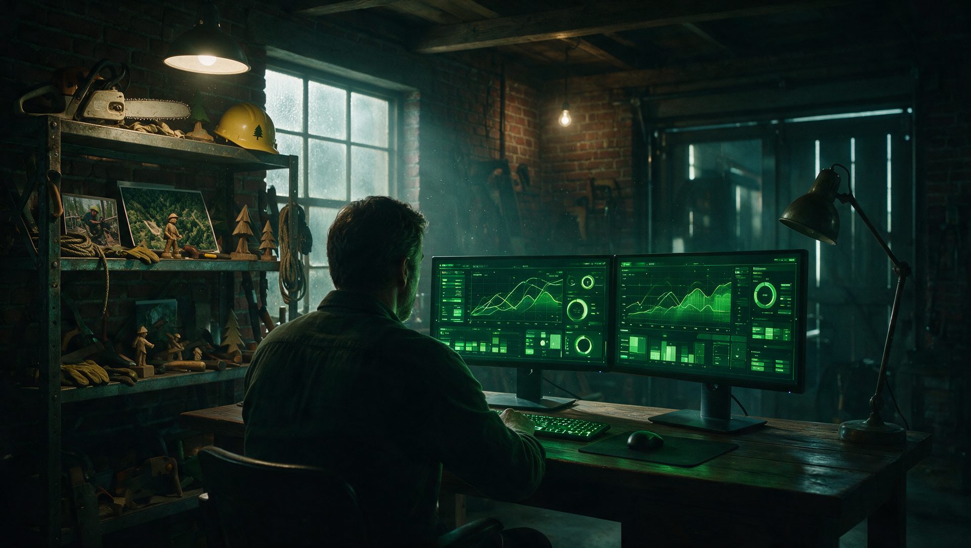 Founder at a desk of green dashboards